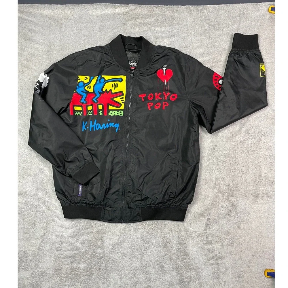 Members Only Keith Haring Jacket Mens Medium Black Bomber Windbreaker Tokyo Pop - Picture 1 of 12